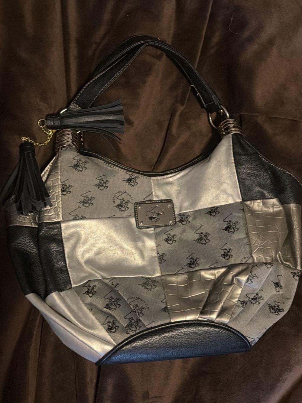 Beverly Hills Polo Club Metallic Patchwork Shoulder Bag in Silver and Black